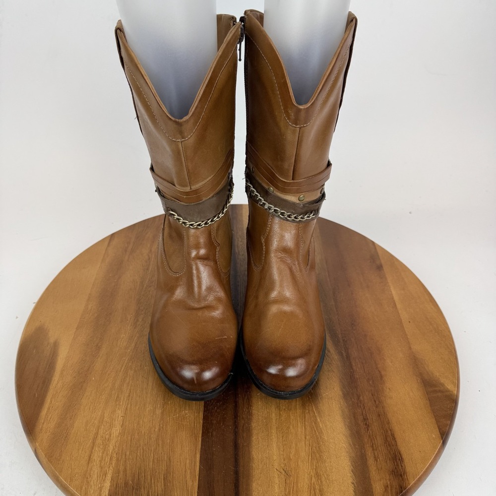 New Womens Sandro Moscoloni Robin Belted Brown Leather Cowboy Boots‎ Size 7 M - Picture 4 of 9